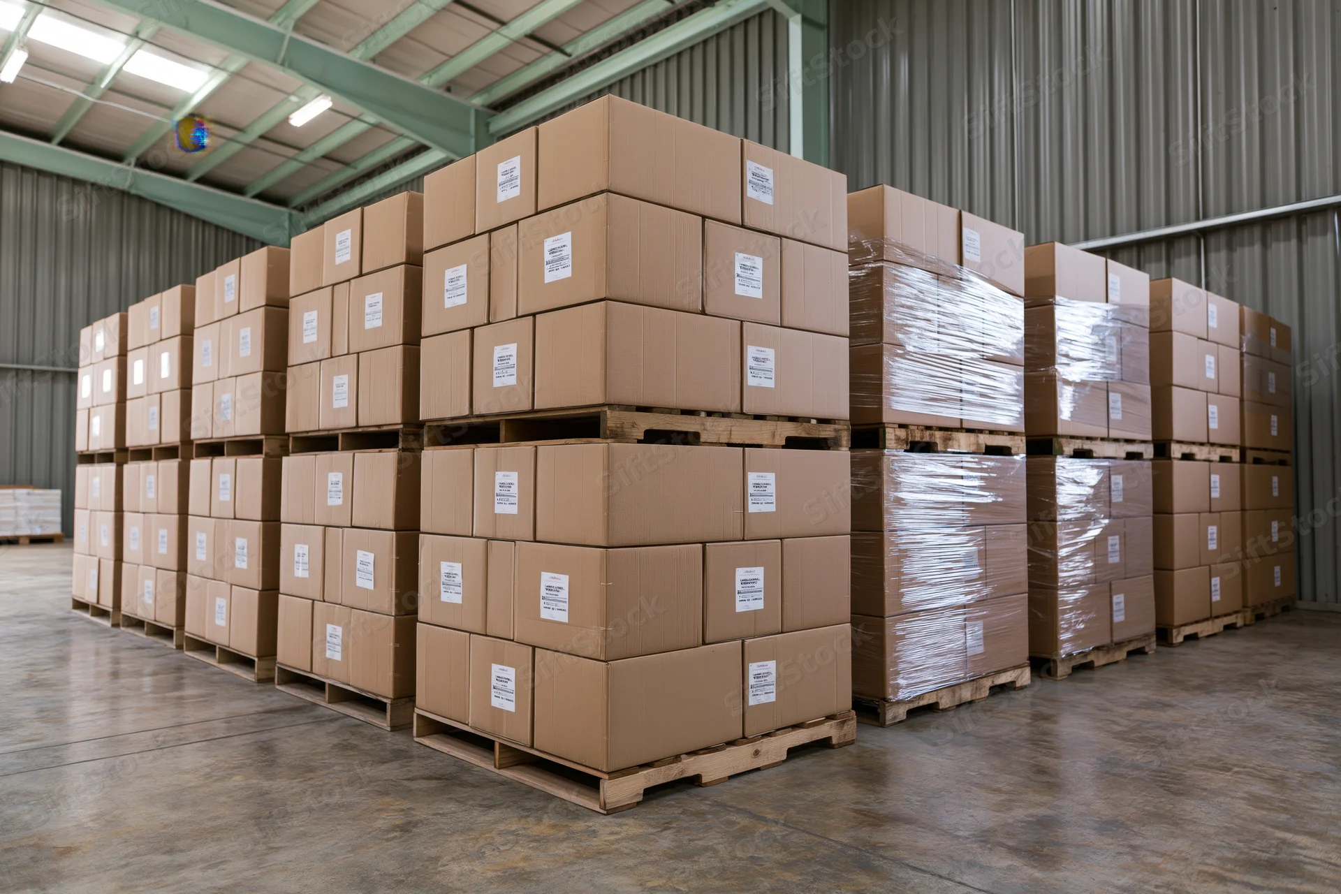 Stacks of sealed cardboard boxes on wooden pallets in a warehouse interior