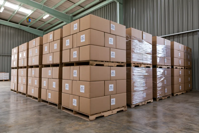 Stacks of sealed cardboard boxes on wooden pallets in a warehouse interior