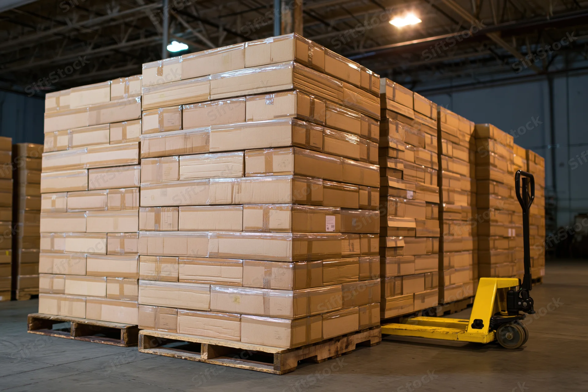 Stacks of sealed cardboard boxes on wooden pallets in a warehouse with a yellow hand truck nearby