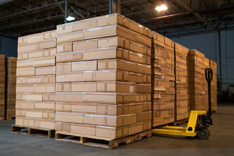 Stacks of sealed cardboard boxes on wooden pallets in a warehouse with a yellow hand truck nearby