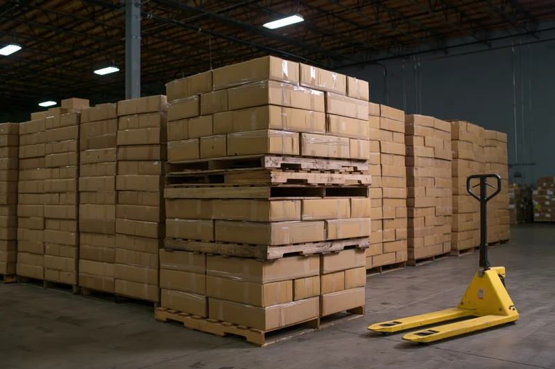 Stacks of sealed cardboard boxes piled high on wooden pallets in a warehouse with a yellow pallet jack nearby