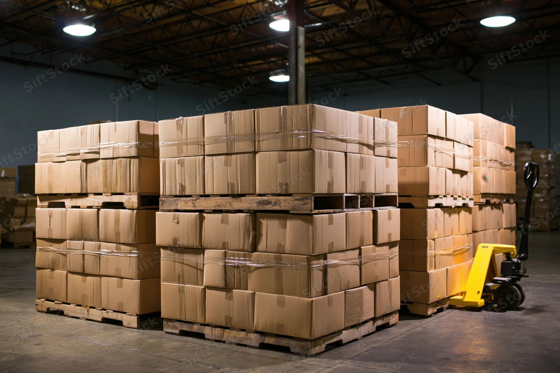 Stacks of sealed cardboard boxes on wooden pallets in a warehouse with overhead lighting and a yellow pallet jack nearby