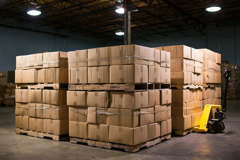 Stacks of sealed cardboard boxes on wooden pallets in a warehouse with overhead lighting and a yellow pallet jack nearby