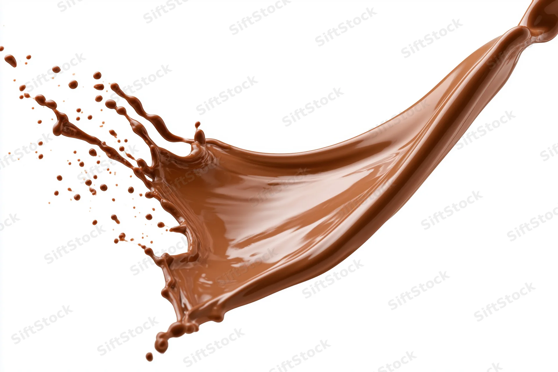 Liquid chocolate splashing in dynamic arc frozen in motion against white background
