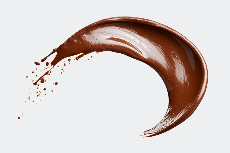 Liquid chocolate frozen mid-splash in a dynamic curved arc against white background