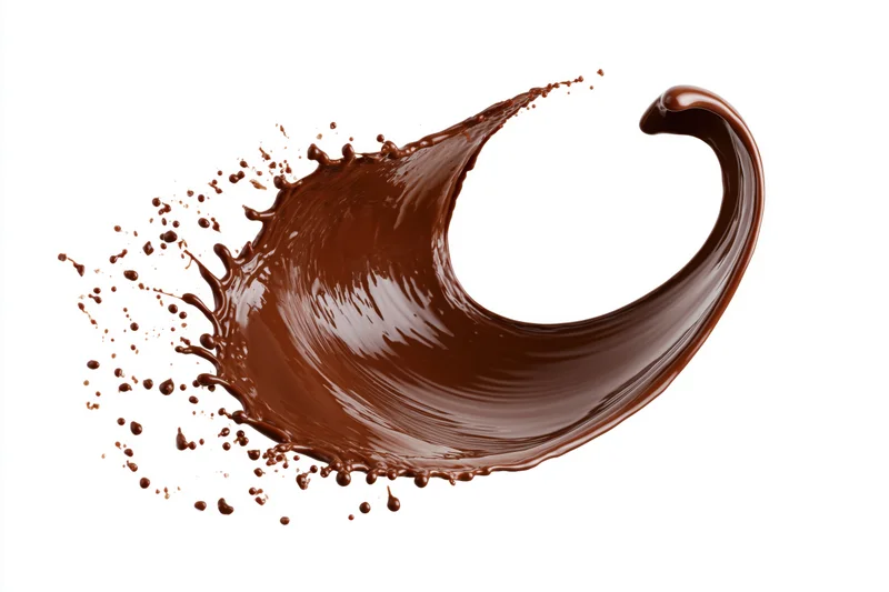Liquid chocolate splashing in dynamic arc frozen midair against white background