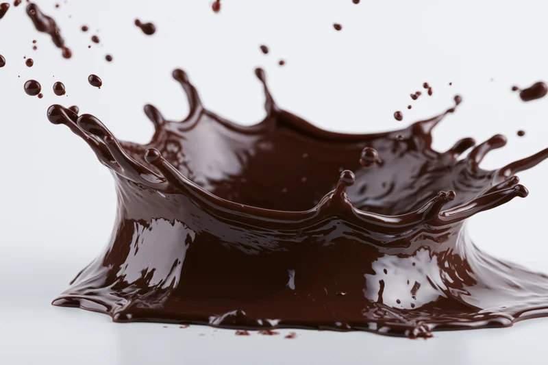 Liquid chocolate splashing into a crown shape on white surface