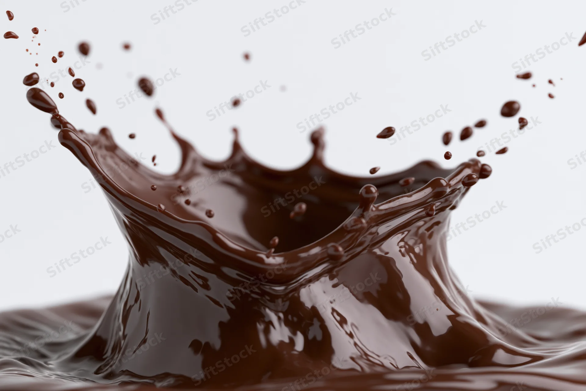 Liquid chocolate splashing into a dynamic crown shape against white background