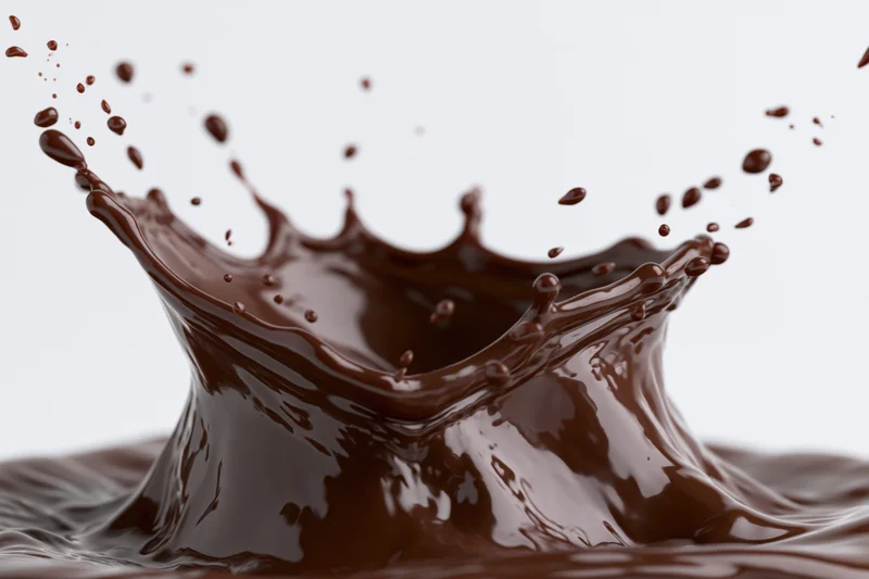 Liquid chocolate splashing into a dynamic crown shape against white background