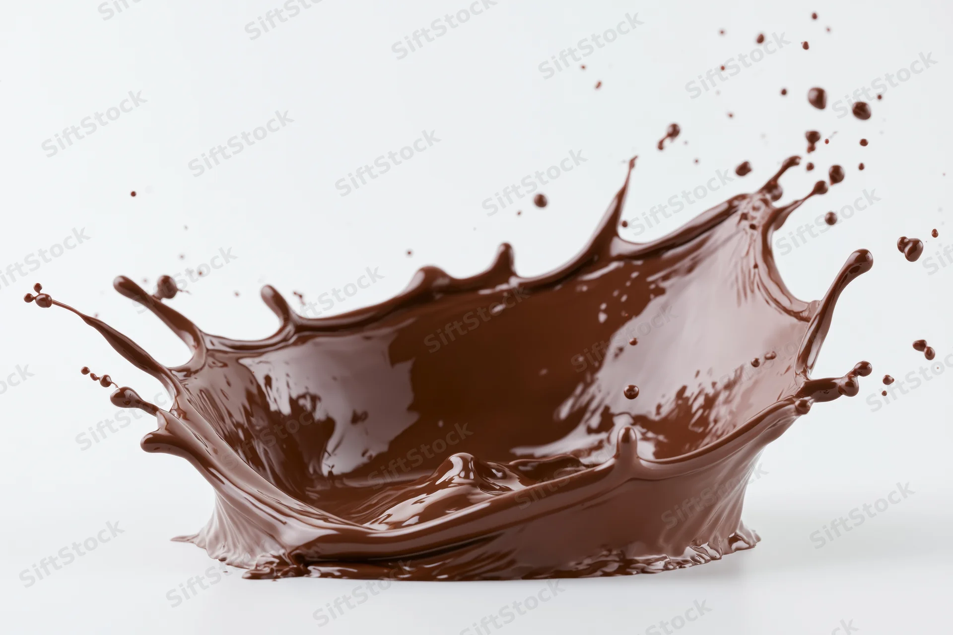 Liquid chocolate splashing into a dynamic crown shape against a white background