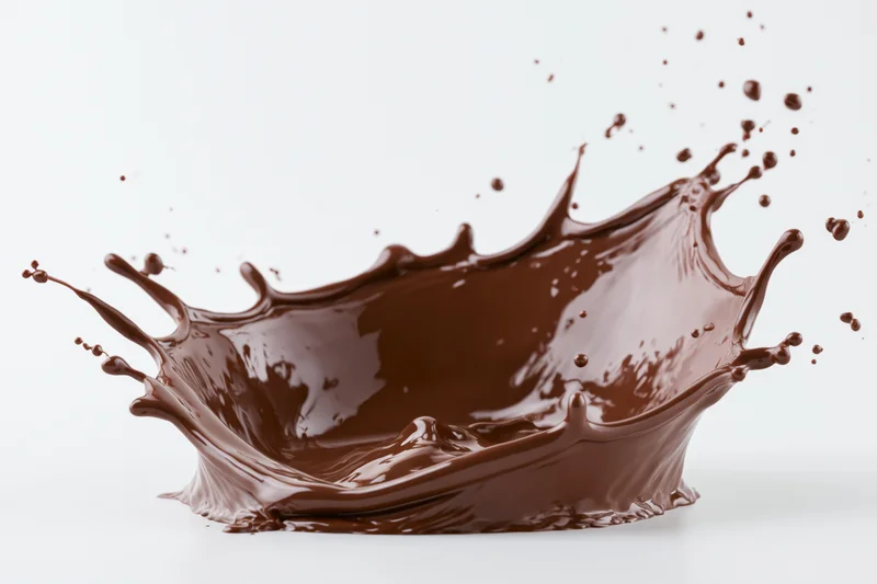 Liquid chocolate splashing into a dynamic crown shape against a white background