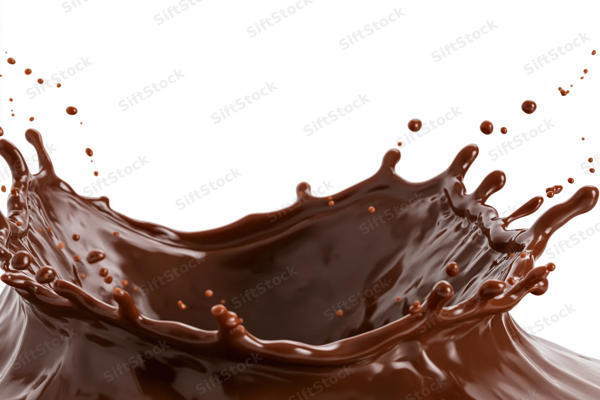 Liquid chocolate splashing in mid-air forming a dynamic crown shape against white background