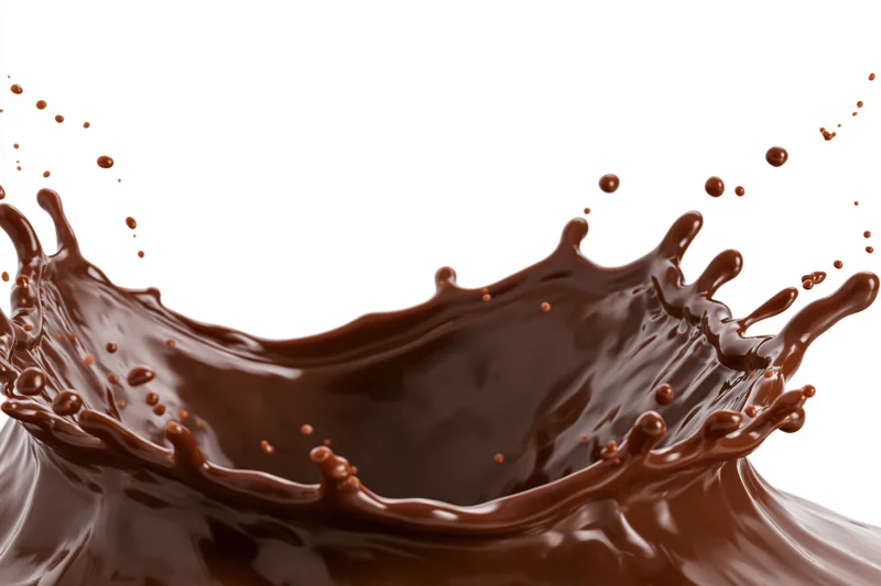 Liquid chocolate splashing in mid-air forming a dynamic crown shape against white background