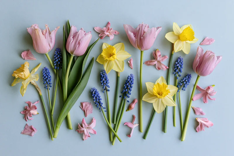 Pink tulips, yellow daffodils and blue muscari arranged flat on light blue surface with scattered petals