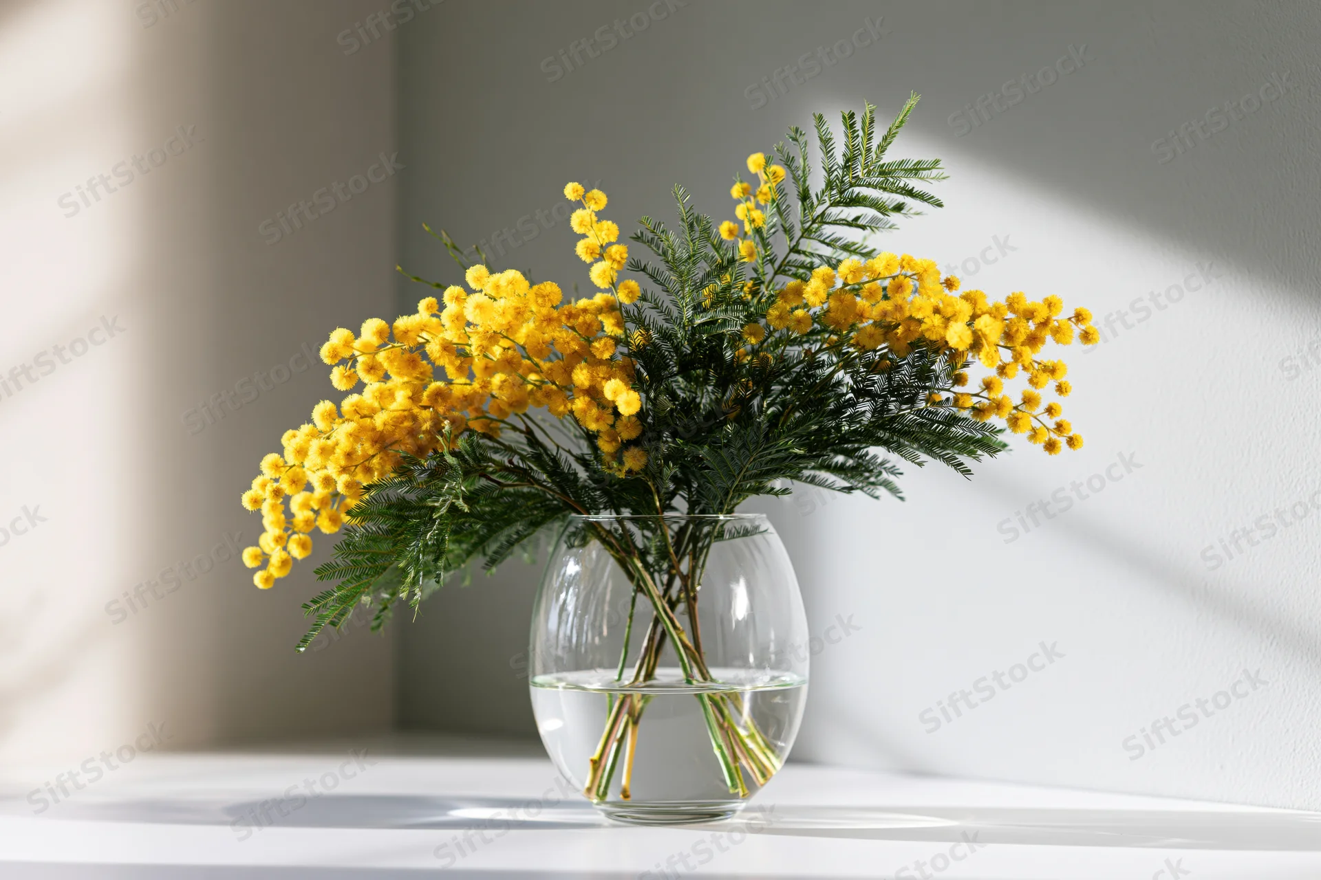 Yellow mimosa bouquet in a glass vase on a white table in a sunlit corner