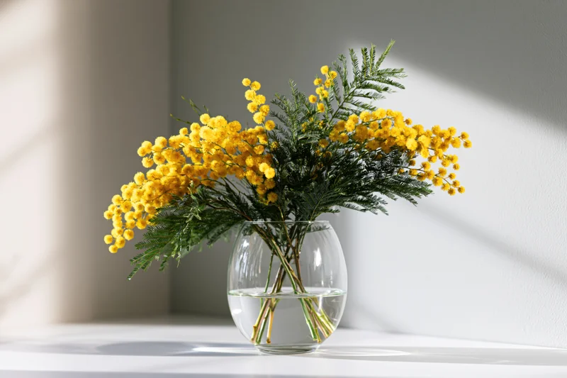 Yellow mimosa bouquet in a glass vase on a white table in a sunlit corner