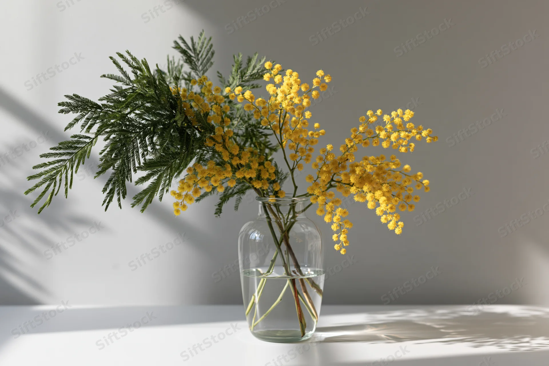 Yellow mimosa bouquet in a clear glass vase on a white table with sunlight and shadows