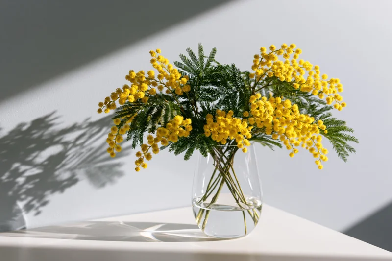 Yellow mimosa bouquet in a glass vase on a white table with sunlight and shadows
