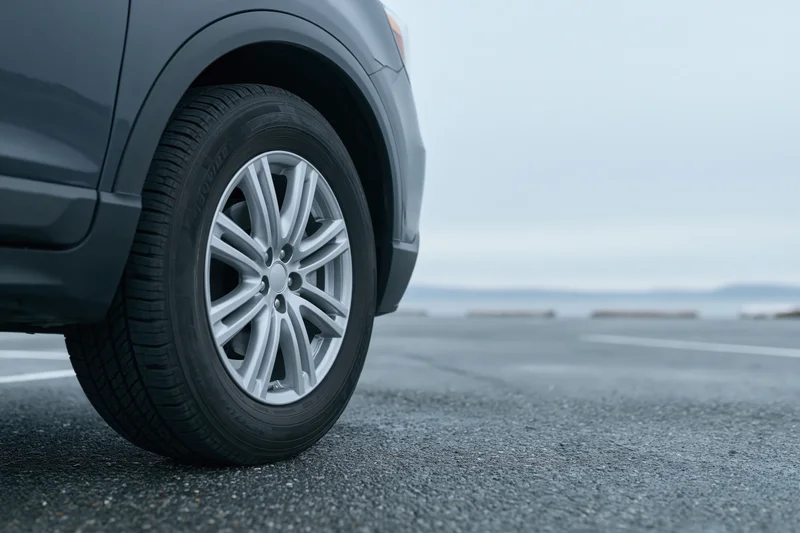 Low-angle close-up of a dark grey suv's front wheel and tire on an asphalt road