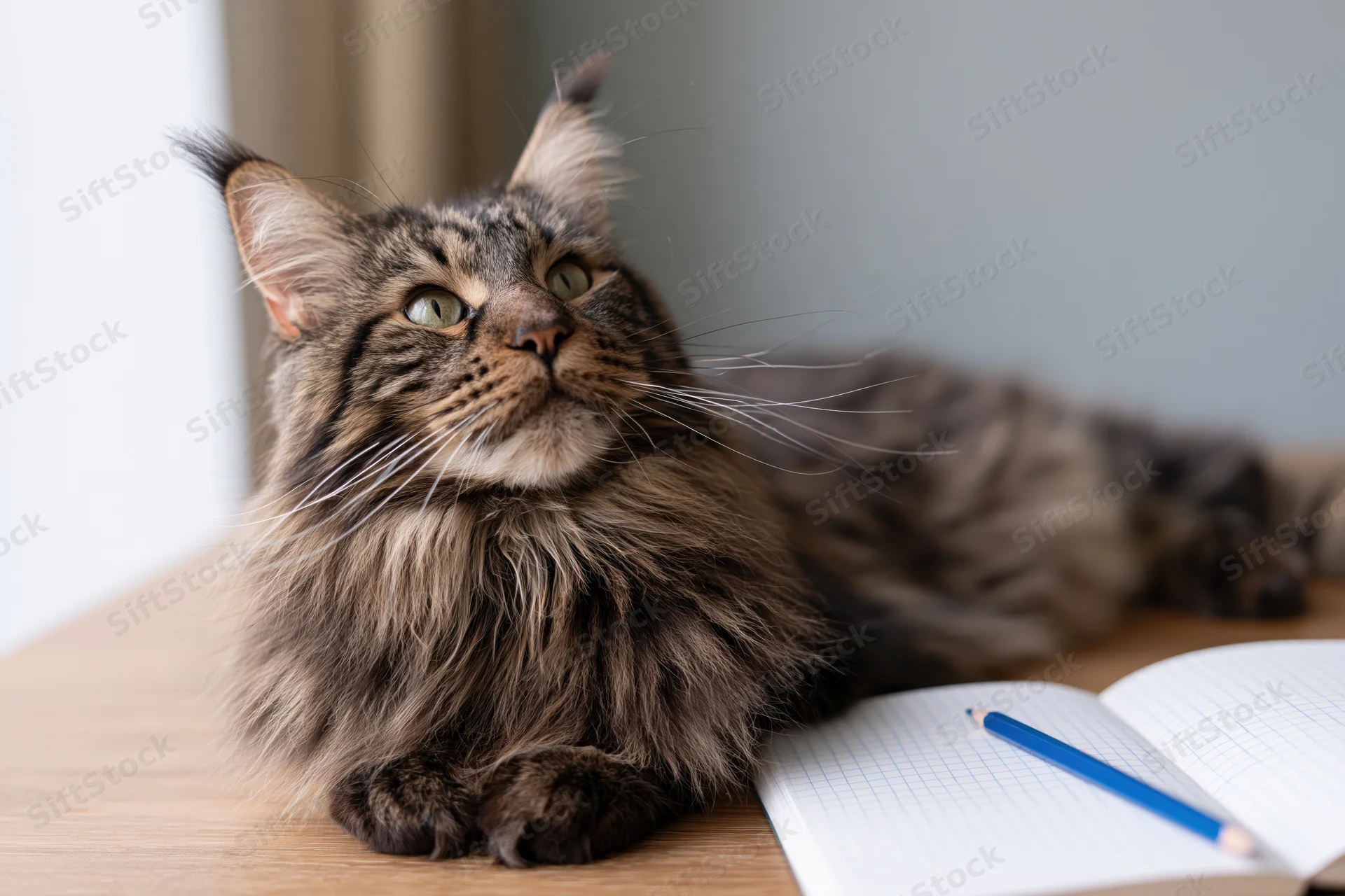 Mainecoon tabby cat lying on wooden desk beside open notebook and blue pencil