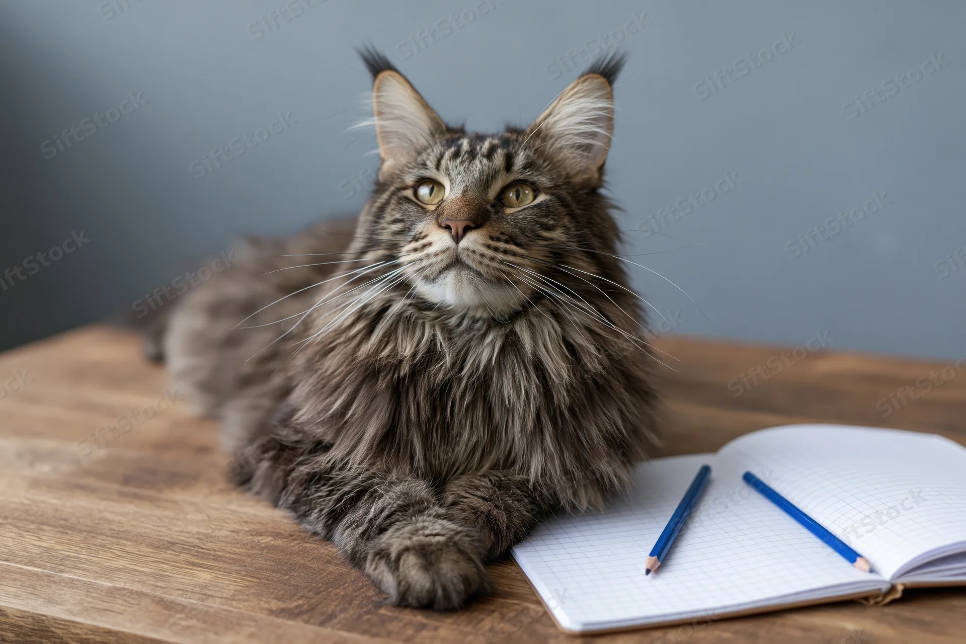 Mainecoon tabby cat lying on wooden desk beside open notebook and blue pencils