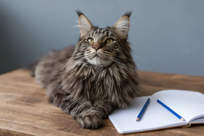 Mainecoon tabby cat lying on wooden desk beside open notebook and blue pencils