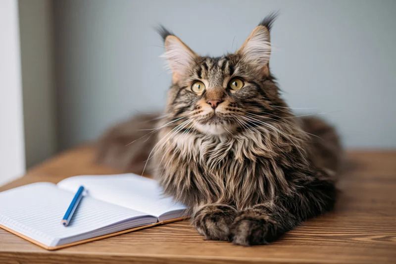 Maine coon tabby cat lying on wooden desk beside open notebook and blue pencil, looking alertly at camera