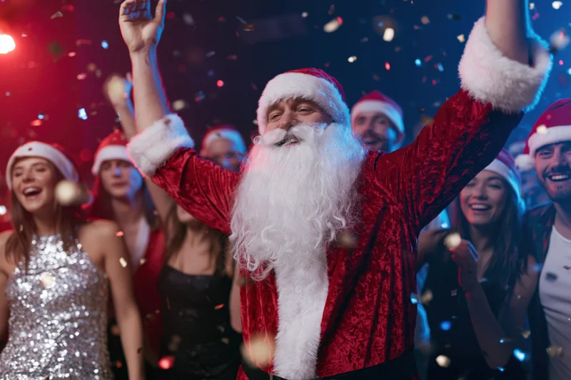 Santa dancing with arms raised at a festive christmas party surrounded by smiling people in holiday attire