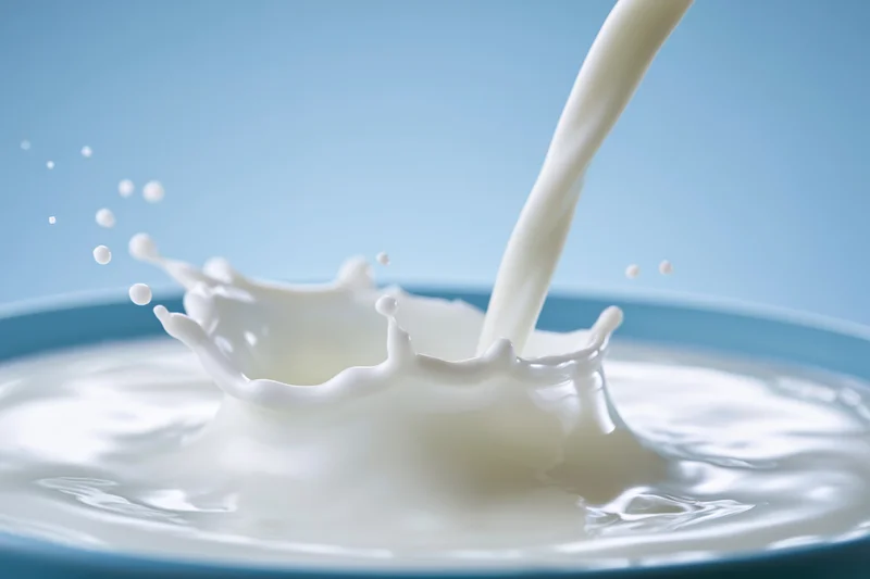 Milk being poured into a shallow bowl creating a splash crown against a blue background