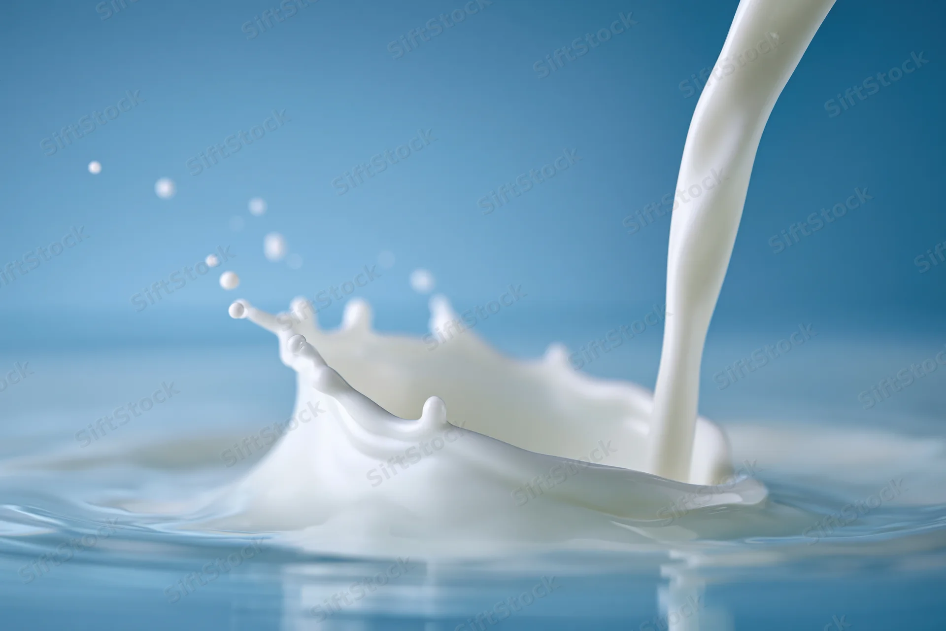 Milk being poured into a shallow pool creating a crown splash against a blue background