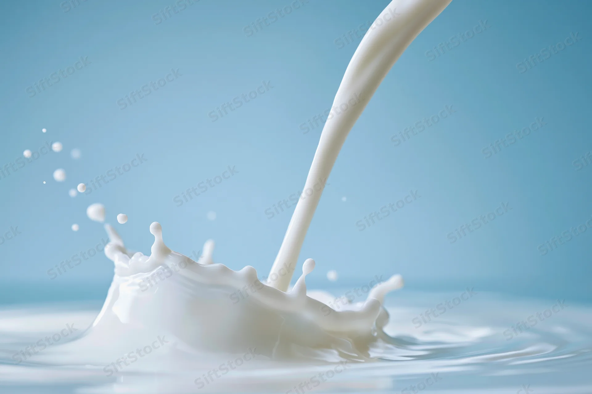 Milk being poured into a shallow pool creating a crown splash against a blue background