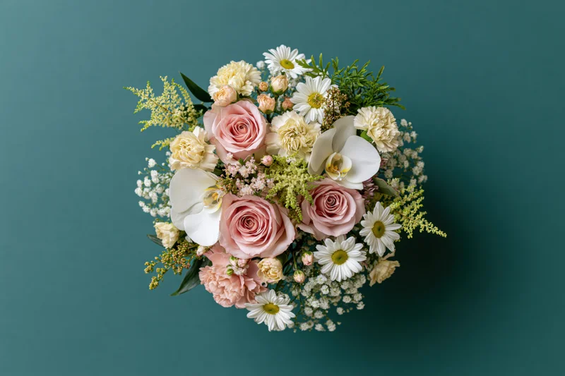 Overhead view of a mixed flower bouquet with pink roses, white orchids and daisies arranged in a circular pattern on a teal background