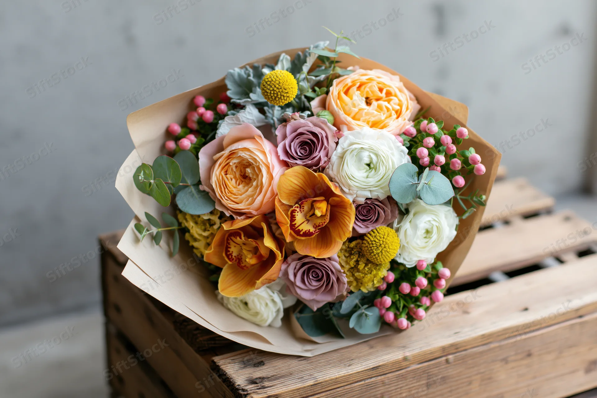Mixed flower bouquet wrapped in kraft paper resting on wooden crate