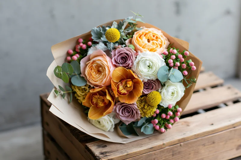 Mixed flower bouquet wrapped in kraft paper resting on wooden crate