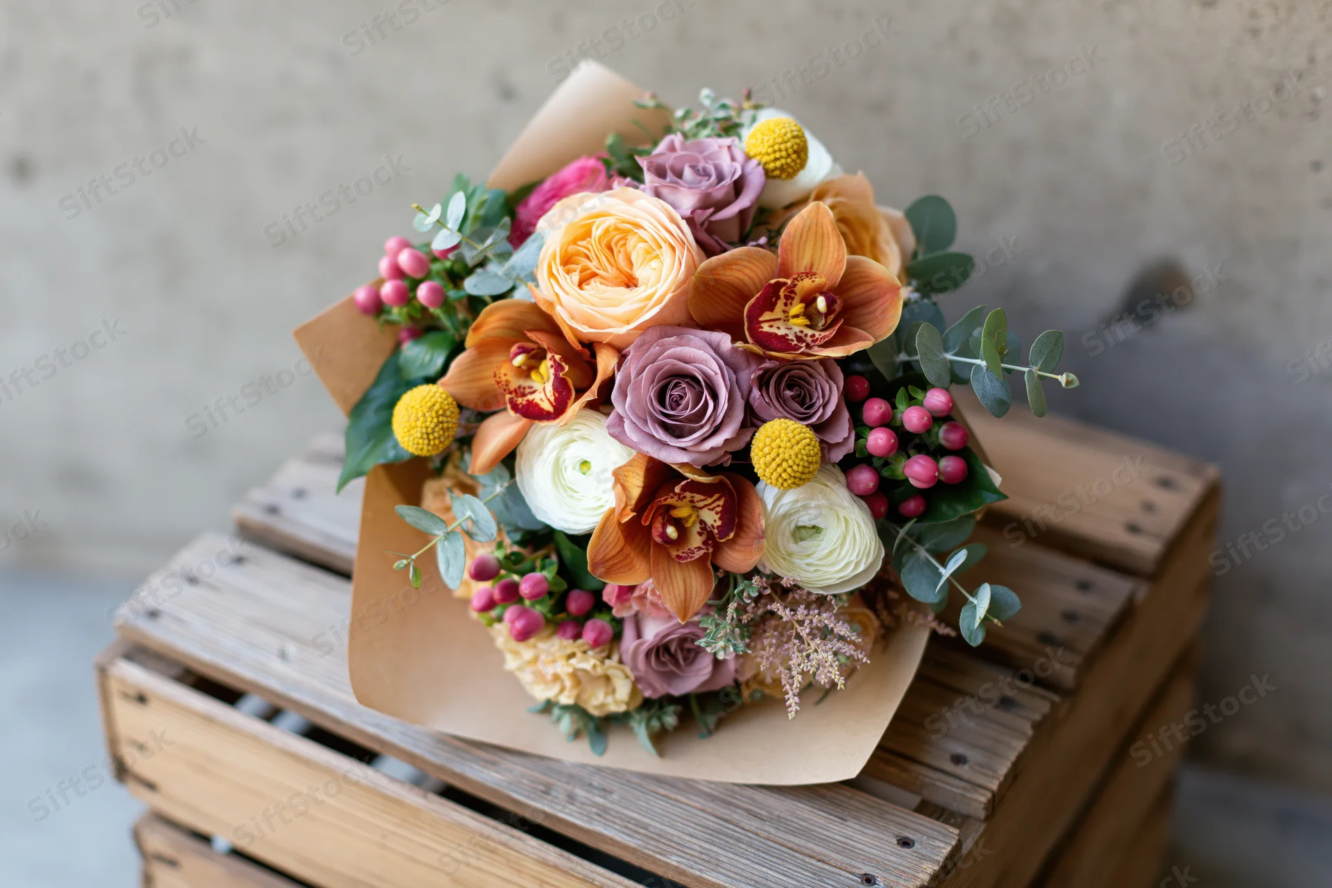 Mixed flower bouquet wrapped in kraft paper resting on wooden crate