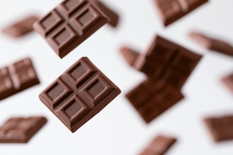 Dark milk chocolate squares tumbling in midair against a white background