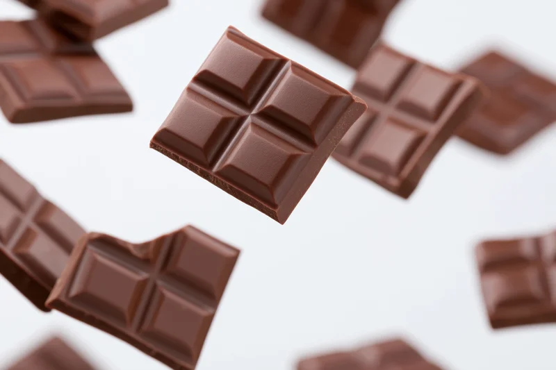 Dark milk chocolate bar squares tumbling in mid-air against white background