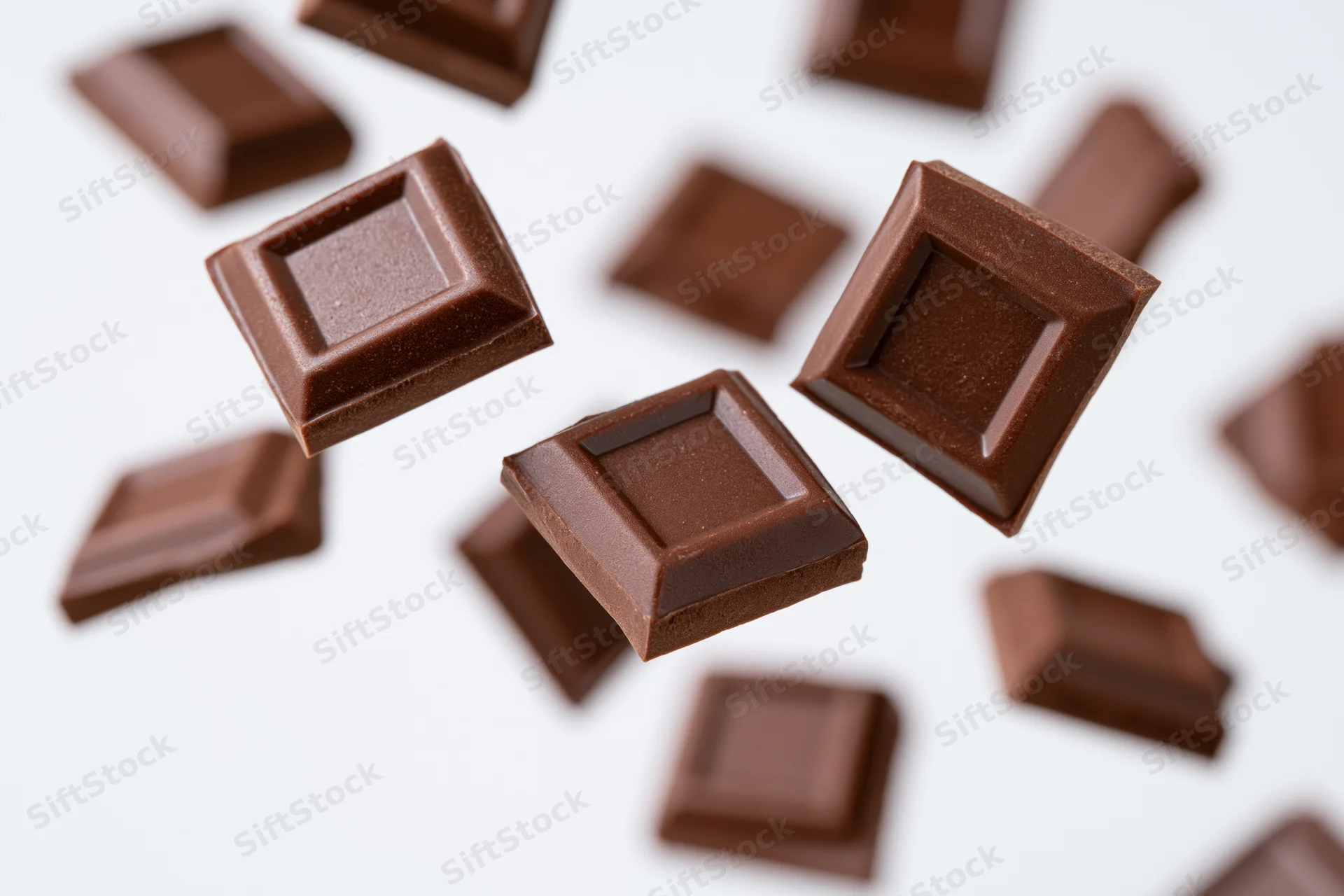 Dark milk chocolate squares tumbling in midair against a white background