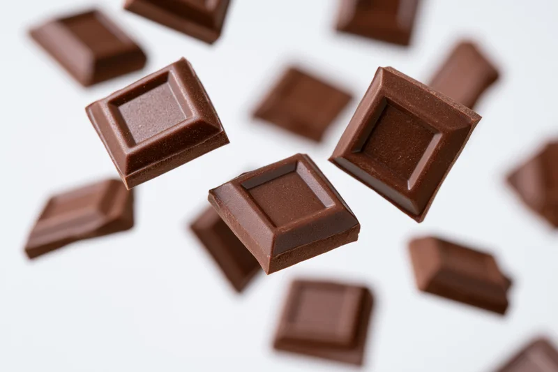 Dark milk chocolate squares tumbling in midair against a white background