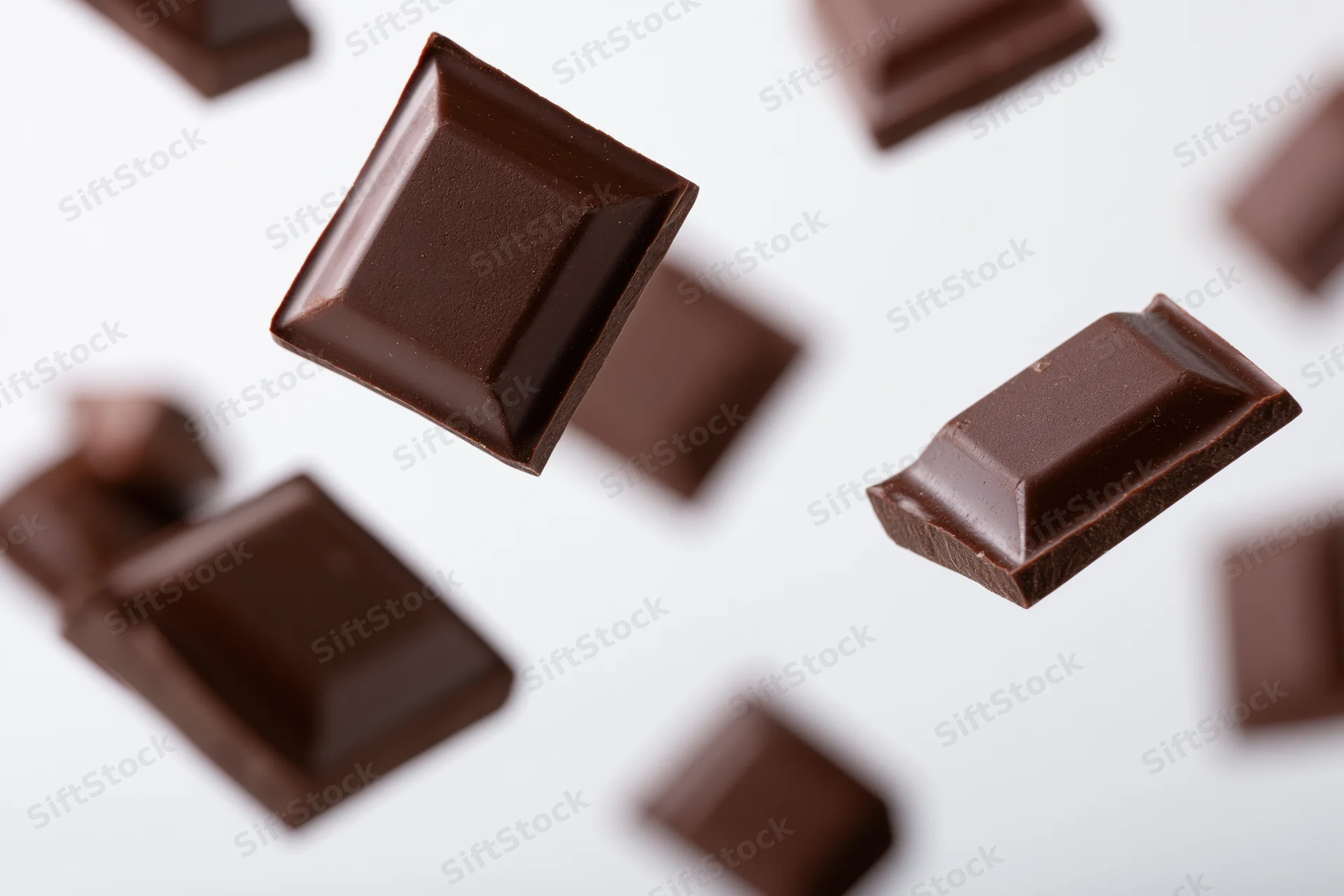 Dark milk chocolate squares tumbling in midair against a white background