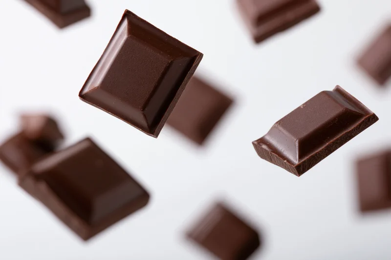 Dark milk chocolate squares tumbling in midair against a white background