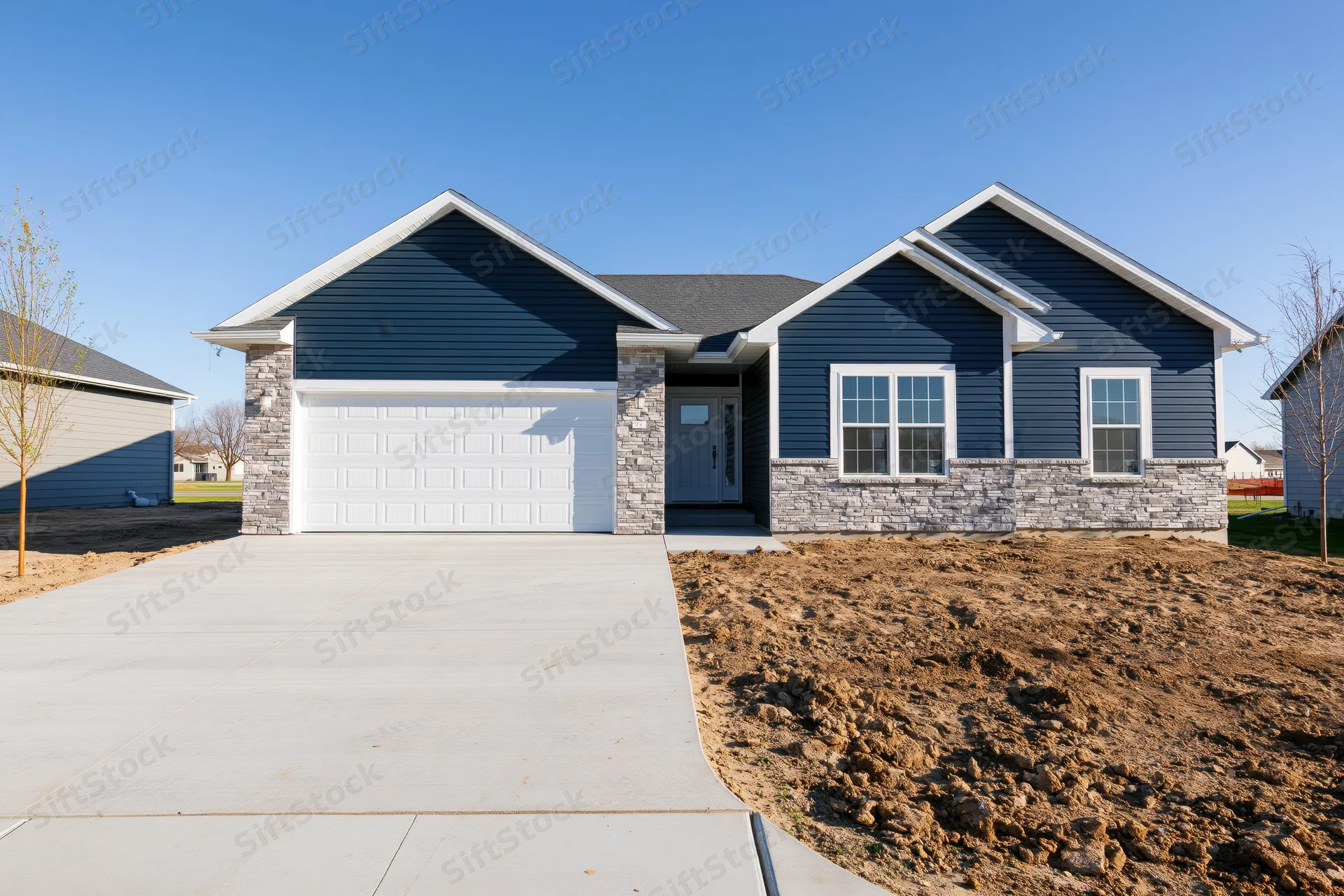 Newly built single-story ranch house with navy blue vinyl siding and stone veneer facade on a suburban lot with concrete driveway and bare soil yard