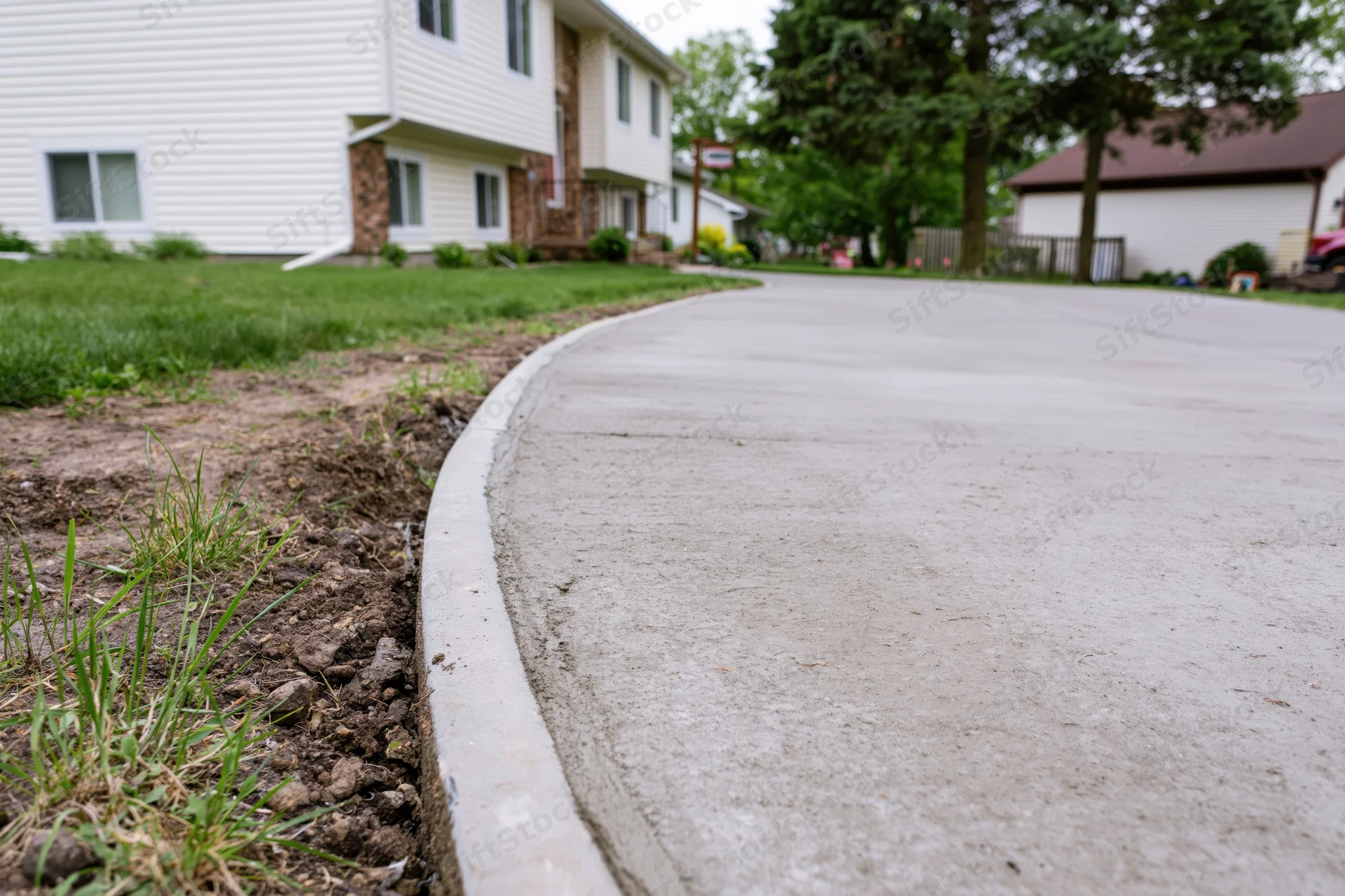 Newly poured concrete driveway apron with smooth rounded edge in suburban residential setting