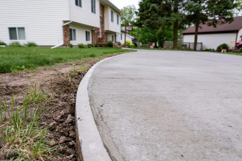 Newly poured concrete driveway apron with smooth rounded edge in suburban residential setting