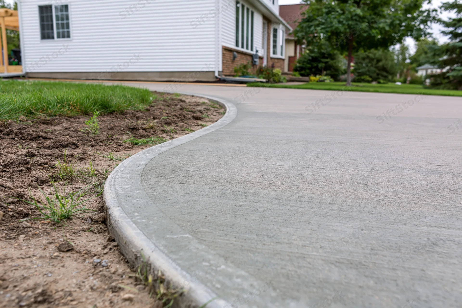 Newly poured concrete driveway apron with smooth rounded edge beside a residential home