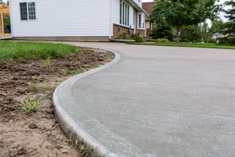 Newly poured concrete driveway apron with smooth rounded edge beside a residential home
