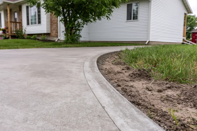Newly poured concrete driveway apron with smooth rounded curb beside a residential home