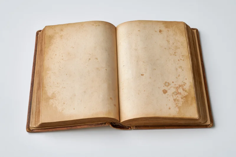 Open vintage hardcover book with blank yellowed pages on white background