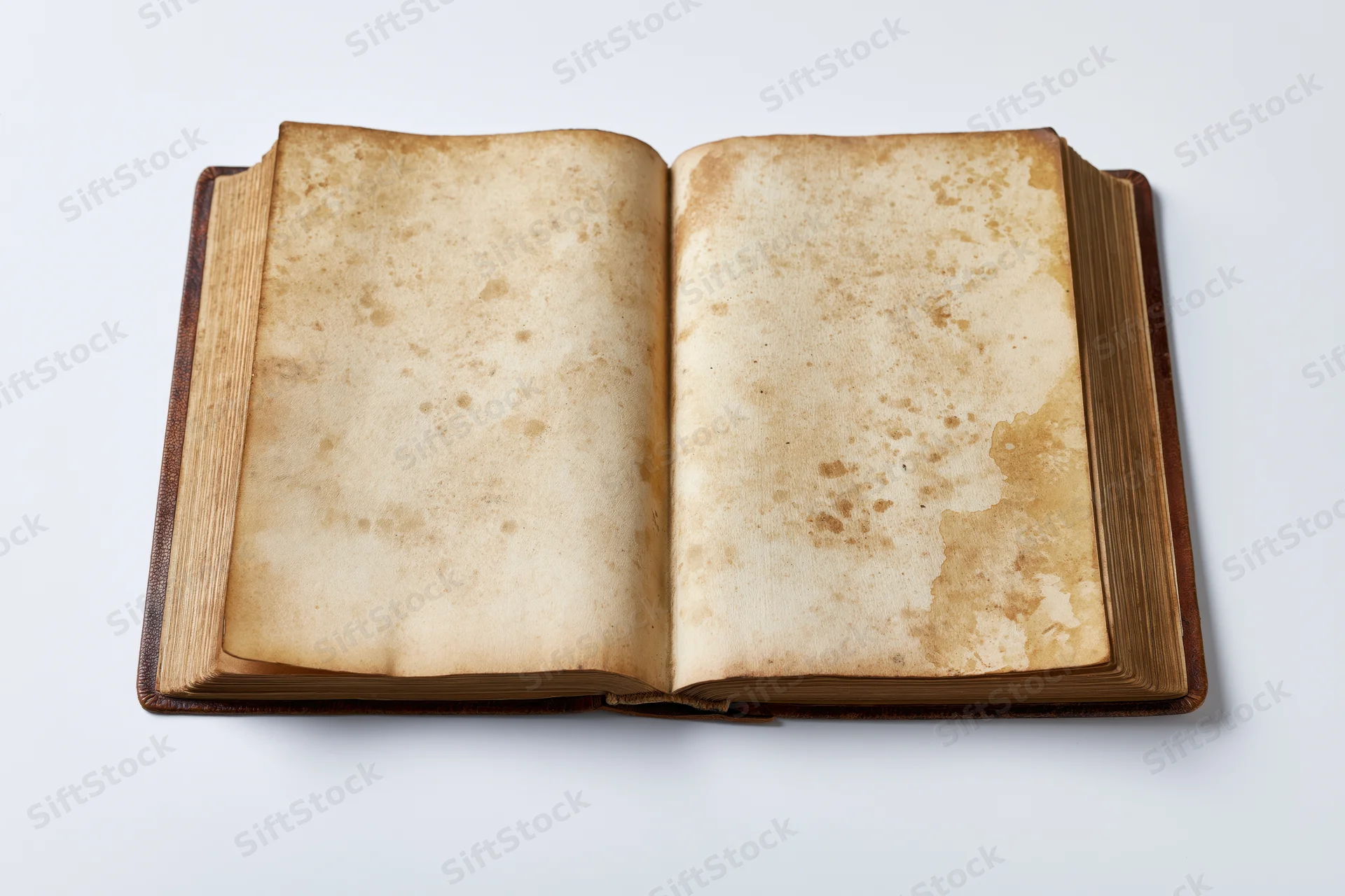 Open vintage hardcover book with blank yellowed pages on white surface