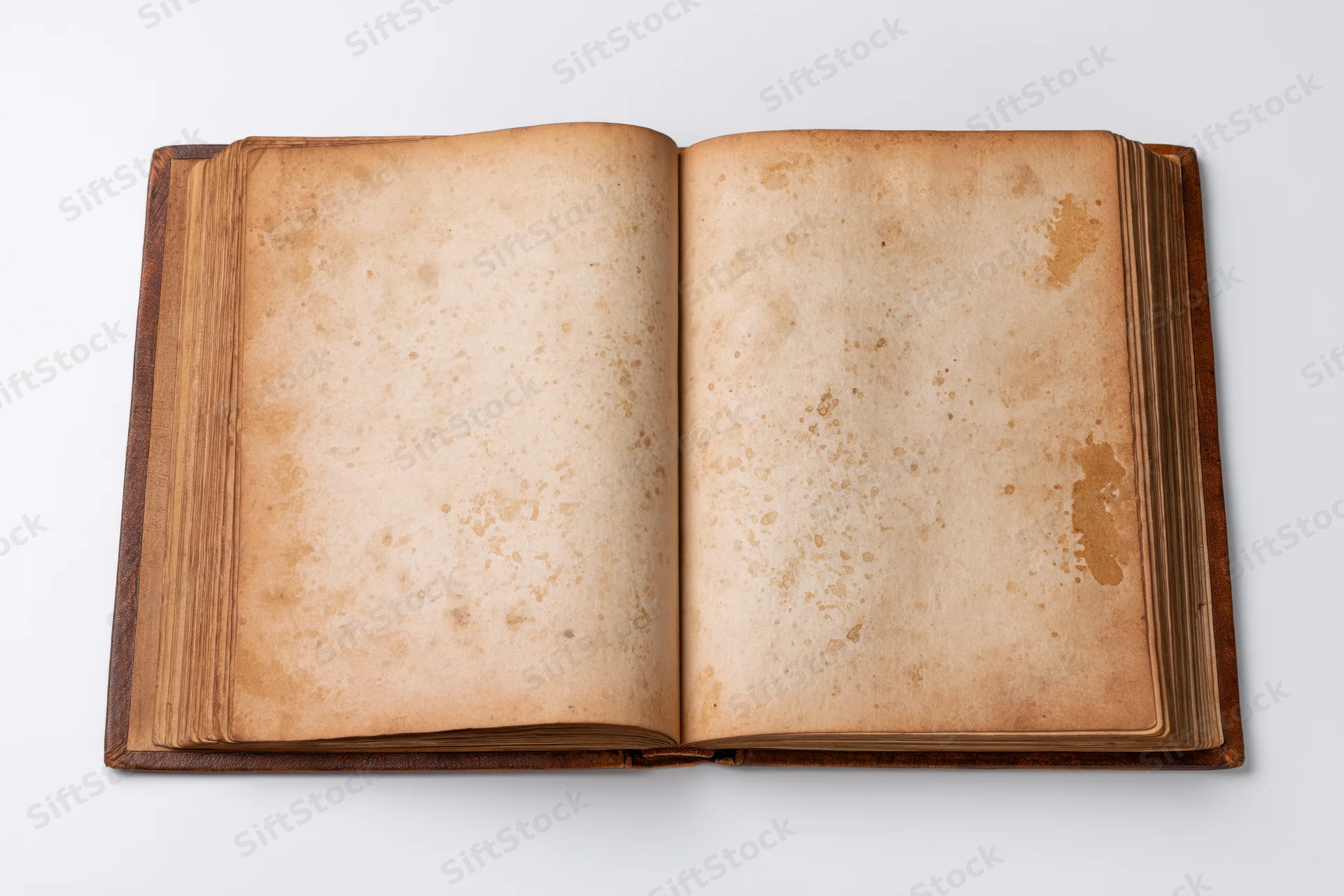 Open vintage hardcover book with blank yellowed pages on white background